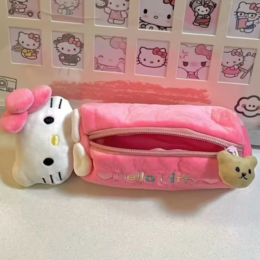 Hello Kitty Plush Pencil Case – Pink Soft Zipper Pouch with Bear Charm